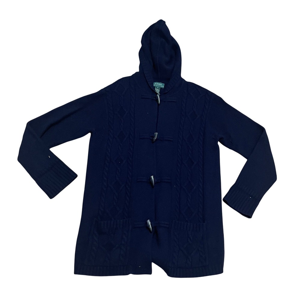 VTG Ralph Lauren Med Navy Blue Merino Cashmere Angora Toggle Hooded Cardigan
